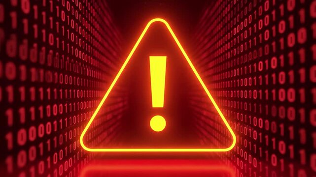 Digital warning sign with glowing exclamation mark and binary code background, symbolizing data security risk