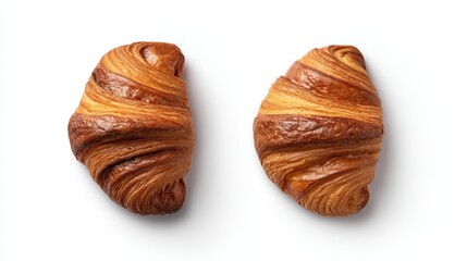 Two freshly baked croissants are presented on a clean white background, showcasing their golden-brown crust and flaky texture, Ideal for food blogs, menus, or bakery advertisements,
