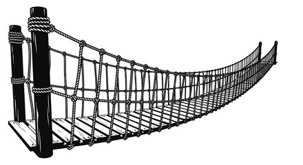 A black and white illustration of a rope suspension bridge structure © ShapeCraft