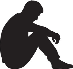 Depressed Man Sitting Alone Silhouette: Sadness, Loneliness, Mental Health Issue Vector