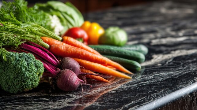 Colorful assortment of fresh vegetables including carrots, broccoli, and beets is neatly displayed on a polished dark countertop, preparing for meal preparation.