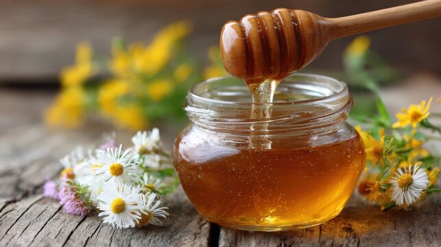A wooden dipper drizzles golden honey into a glass jar surrounded by wildflowers on a rustic wooden surface. Bright colors and natural elements create a serene atmosphere.