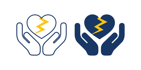 Heart in hands icon with lightning symbol in outline and solid style, representing medical emergency, cardiac care, health support and protection concepts