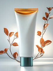 Plastic cosmetic tube, A white tube template for cosmetic packaging with blank space for text or design. Mockup image, Elegant white cosmetic tube mockup with cream smear for beauty and skincare brand