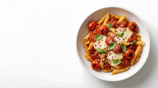 Top view penne pasta in clean white background
