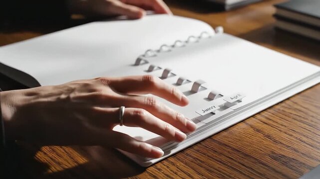 Close-up of female hands browsing through a white monthly planner or calendar book with tabs on a dark wooden desk, ideal for organization and goal setting concepts.