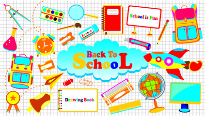 Obraz premium Back to school banner. Back to school concept vector. Library themed set elements. School stationery stickers on grid paper. Set of education elements. Collection of education school icons. 