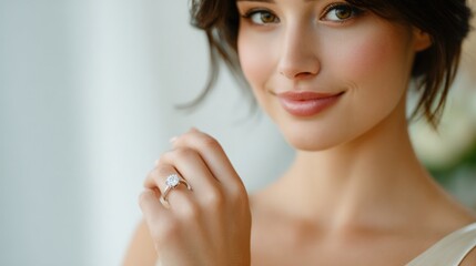 Woman smiling showing engagement diamond ring, copy space