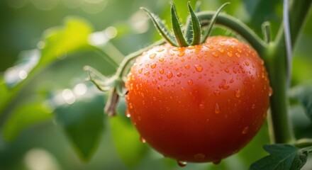 Obraz premium Vibrant fresh red tomato with dewdrops on vine, organic garden