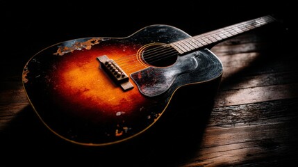 A vintage acoustic guitar lies elegantly on a dark wooden surface, showcasing its weathered finish and rich colors, Ideal for music-related designs, blogs, or promotional materials,