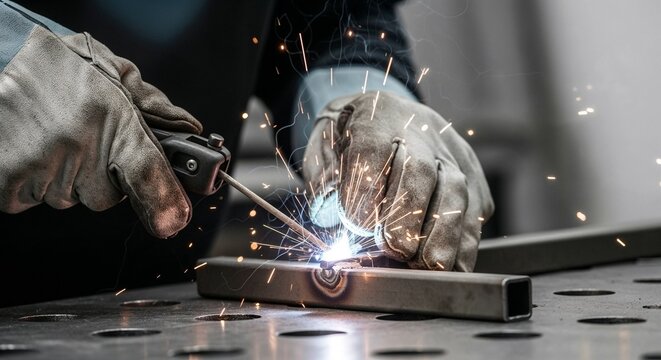 White man welding metal joint with sparks in workshop with copy space