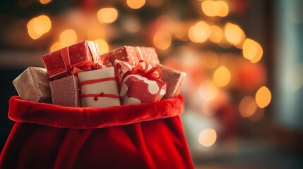 A close-up of a red velvet Santa bag filled with elegantly wrapped gifts, illuminated by warm cinematic light with soft bokeh in the background.