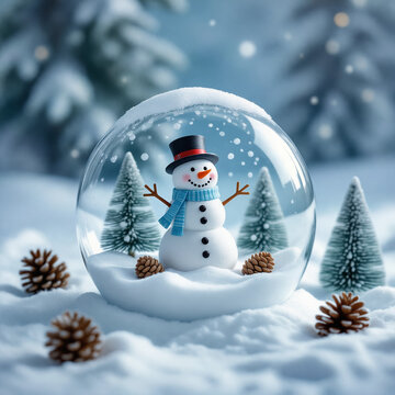 en primer plano una bola de cristal conteniendo un mu&ntilde;eco de nieve feliz con pinos y nevando copos de nieve, alrededor unas pi&ntilde;as