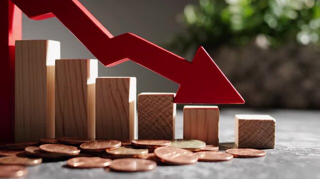 A red arrow pointing downwards over a bar chart made of wooden blocks and a pile of coins, symbolizing economic decline