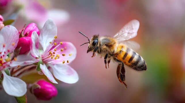 A bee hovers near colorful blossoms in a garden, actively pollinating the flowers on a bright spring day. The vibrant petals create a lively atmosphere of nature's beauty.