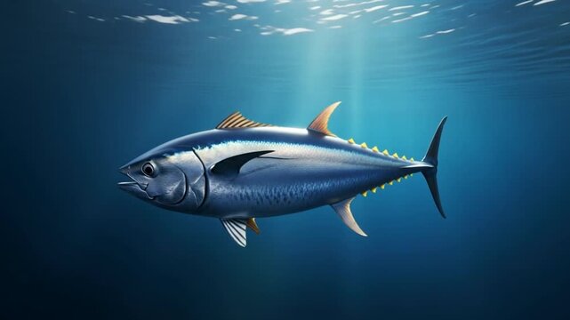Tuna swims in the open ocean with blue water and sunlight filtering from above, showcasing marine