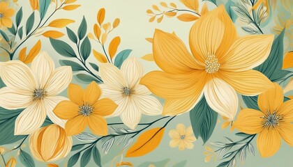 abstract yellow floral pattern featuring spring blooms and leaves on a pastel background