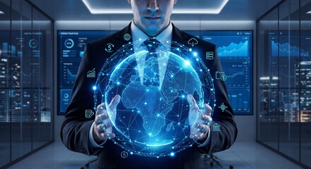 Businessman holding a glowing digital globe with interconnected data points in a modern tech environment