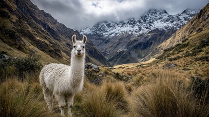 Obraz premium White domesticated camelid stands alert in rugged high altitude mountainous terrain under cloudy skies
