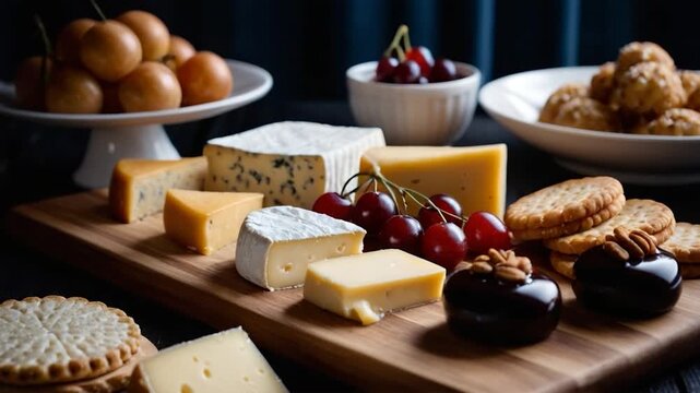 Video A wooden cutting board topped with cheese and crackers, perfect for a snack or party