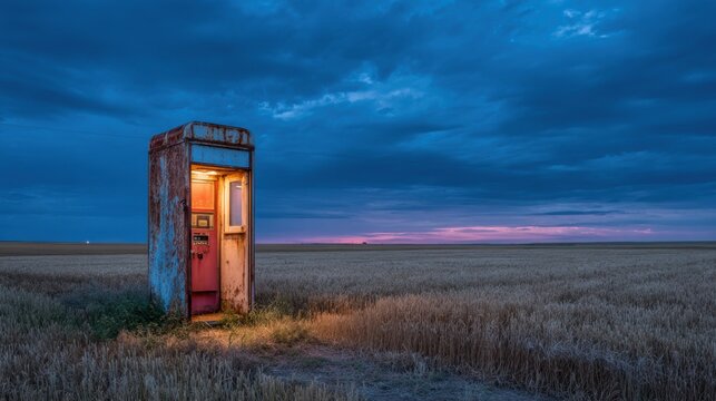 A weathered phone booth stands alone in a vast wheat field at twilight. The booth emits a warm glow, contrasting with the cool blue hues of the stormy sky overhead.