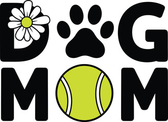 Dog Mom with Paw Print Vector Design, Cute Flower, Tennis Ball Graphics for Pet Lovers T-Shirts, Stickers, and Posters