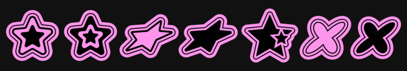 Neon glow star icons in a y2k style. Bright pink outlines create a dreamy cosmic vibe. Smooth shifting shapes. Set of glowing elements, perfect for patterns, stickers, and creative projects. © Danchenko