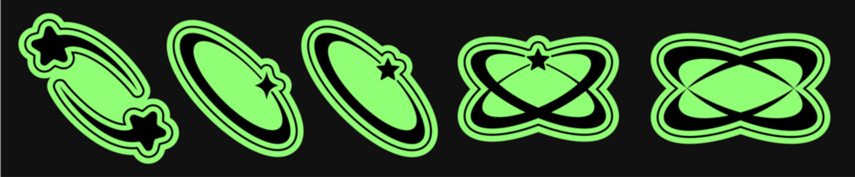 Y2K smooth neon green abstract shapes in a row on black background, layered rounded frames with star cutout, dynamic futuristic design elements for banners, labels, stickers and layout decor.