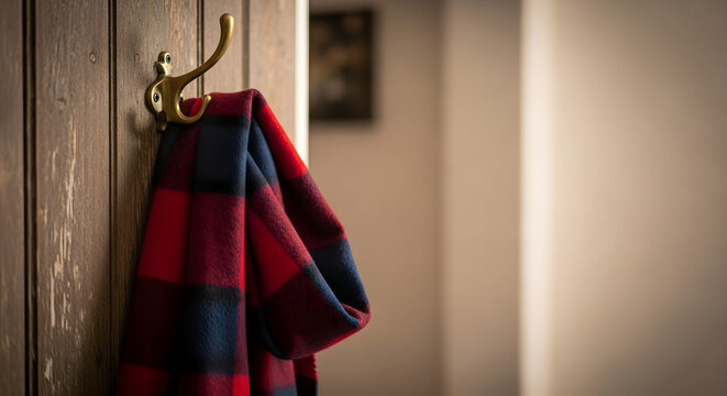 Cozy red and black plaid scarf hanging on a wooden door hook  