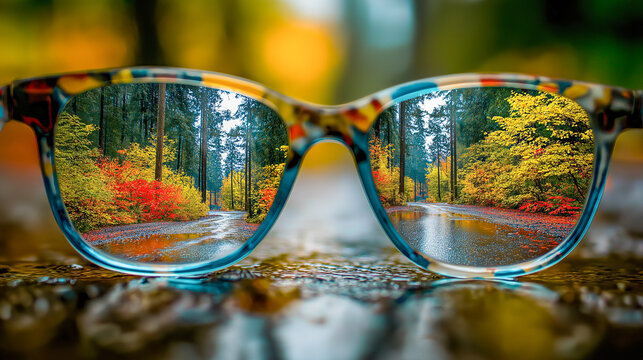 Colorful glasses with clear lenses reveal vibrant autumn forest scene, showing winding road, tall trees, and vivid fall foliage, creating cheerful and dreamy atmosphere
