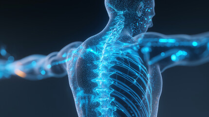 Glowing blue holographic human skeleton with highlighted spine, digital anatomy visualization, futuristic medical technology, dynamic pose, scientific innovation