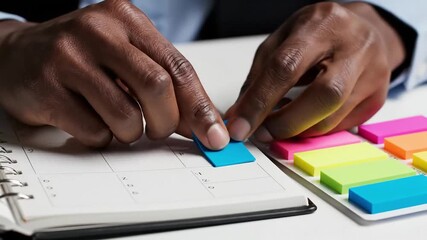Close-up of African American businessman's hands placing a blue sticky note onto a planner, surrounded by colorful memo pads, perfect for productivity and time management. - Powered by Adobe