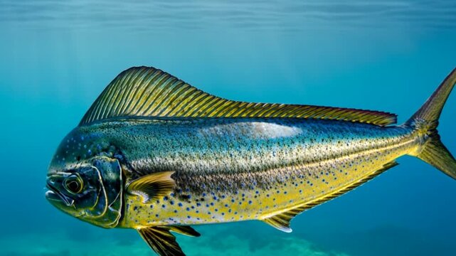 Mesmerizing underwater view of a mahi-mahi fish gracefully swimming in its aquatic world