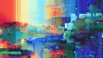 Obraz premium Vibrant abstract digital art featuring a fragmented landscape with strong vertical lines and pixelation, creating a colorful glitch aesthetic.