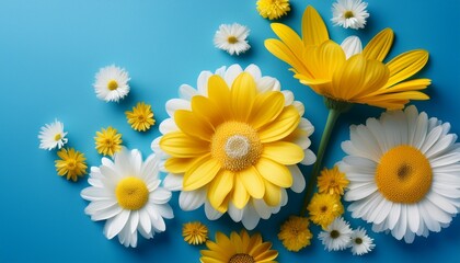 bright yellow and white flowers arranged beautifully against a blue background