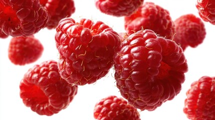 Several vibrant red raspberries are suspended mid-air, highlighting their plump shape and detailed texture. The clean white background emphasizes their rich color and freshness.