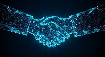 Digital handshake representing technology and business partnership glowing blue