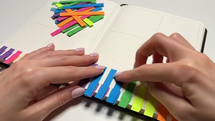Close-up of female hands organizing a weekly planner with bright, neon colored index sticky notes and tabs on a white desk, perfect for productivity tutorials and educational organization content.