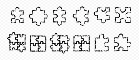 Set of Hand Drawn Black Puzzle Pieces on Transparent Background jigsaw game