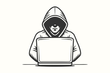 Anonymous hooded person sits at a computer in a monochrome line drawing style