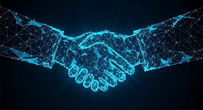 Digital handshake representing technology and business partnership glowing blue