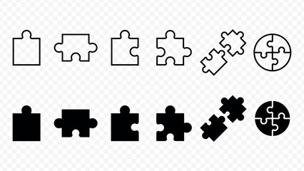 Set of puzzle pieces icons in black and white line art and solid fill on transparent background jigsaw