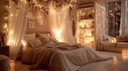 Obraz premium A cozy Christmas bedroom adorned with fairy lights, garlands, and soft blankets, bathed in warm dreamy lighting for a festive holiday atmosphere.