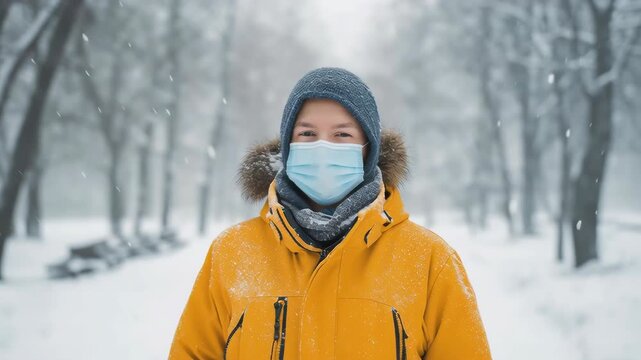 A person wearing a mask and warm winter clothing stands in a snowy park, showing cold season habits, outdoor protection, and everyday winter life.