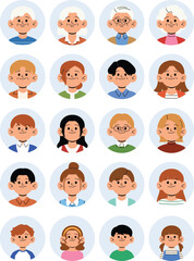portrait people character icon set, collection photo id male and female cartoon flat vector, face family person in circle frame illustration