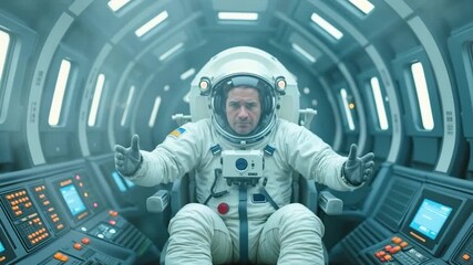 Serious male astronaut in a white spacesuit sitting in a pilot seat inside a bright, futuristic spacecraft cockpit - Powered by Adobe
