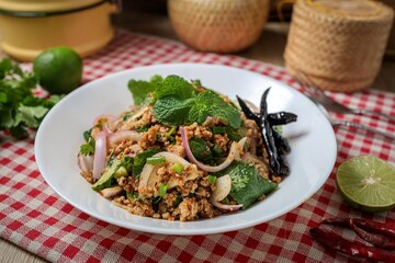 Spicy Minced Pork Salad, thai isan food, thai called Larb Moo	