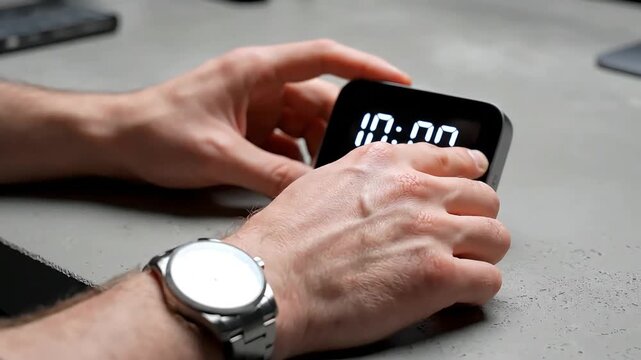 Close-up of male hands wearing a silver wristwatch adjusting a modern black digital alarm clock on a grey desk, perfect for concepts of time management and deadline pressure.