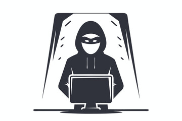 Anonymous figure in hoodie stands before computer screens in a stark, monochromatic tone