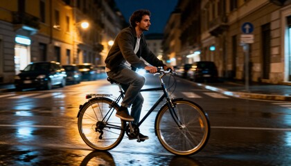 Man Riding Urban Bicycle Along Nighttime City Street With Street Lamps